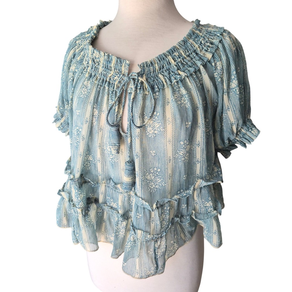 Free People Blue Floral Stripe Ruffle Smocked Keyhole Blouse Top Small